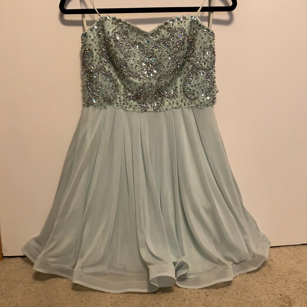 Strapless mint colored homecoming dress